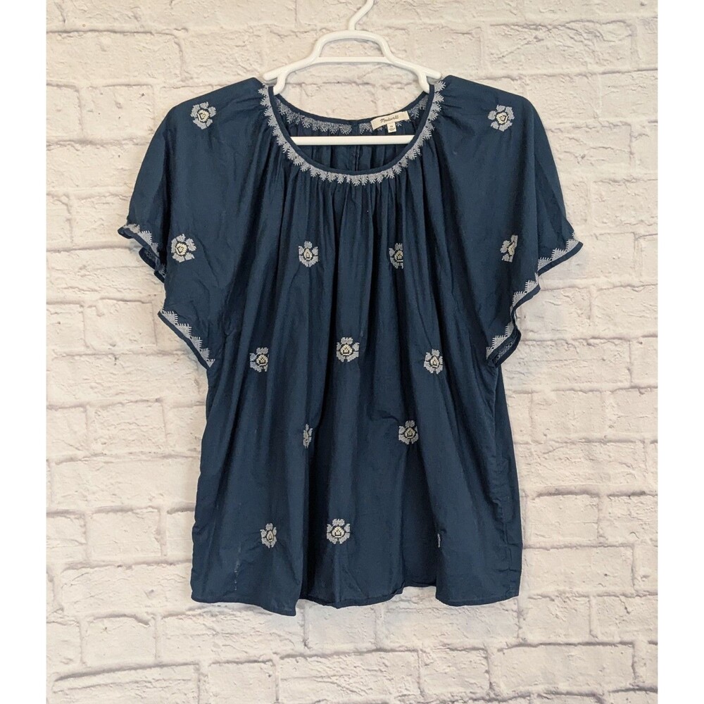 Madewell Navy Blue Embroidered Blouse